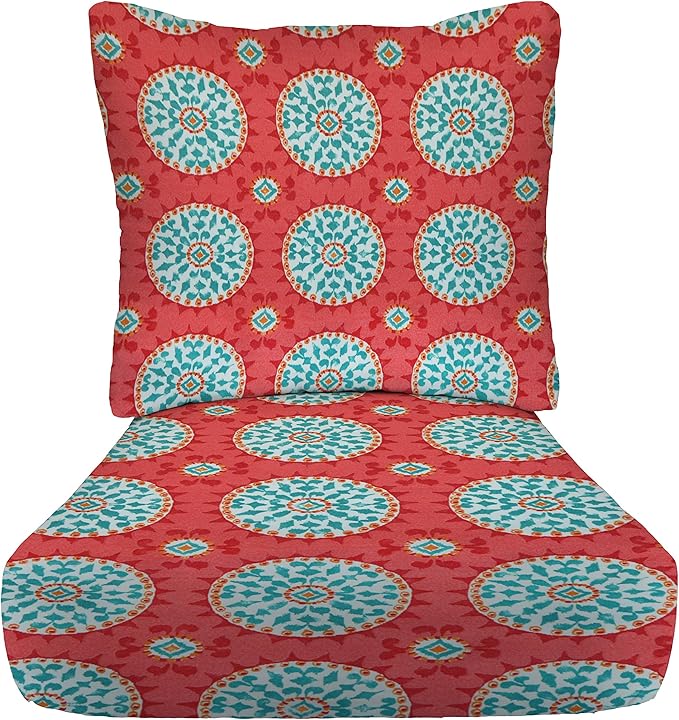 RSH DECOR: Deep Seating Cushion with Pillow Back | 24” x 27” Seat | All-Weather Spun Fabric | Water and Fade-Resistant | Outdoor Chair Cushion Set for Patio Furniture | Watermelon Sundial