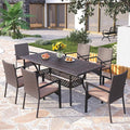PHI VILLA 7 Pieces Expandable Cast Aluminum Outdoor Dining Set for 6, Extendable Metal Table with Umbrella Hole & Cushioned Wicker Chairs, Dining Furniture Set for Patio, Deck, Yard and Porch