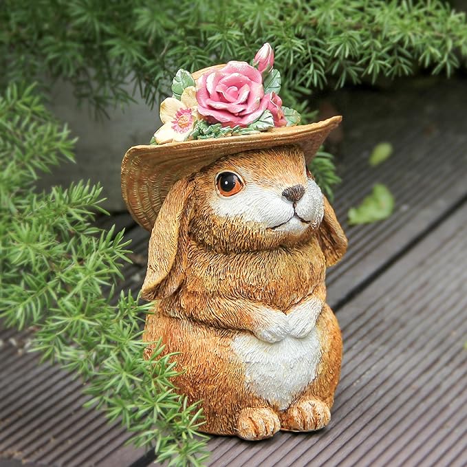 Garden Statues Rabbit with Hat, Bunny Statue Outdoor Decorations for Front Porch Decor Lawn- Yard Art and Garden Decor & Patio Decor, Unique Gardening Gifts for Mom