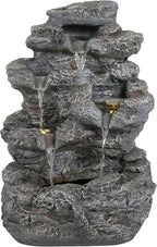 5-Tiered Concrete Tall Slim Fountain, 23.85" H –LED-Lit Column, Space-Saving Modern Outdoor Accent, All-Weather Resistant