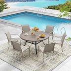 DIFY 47.2" Round Outdoor Patio Dining Table for 6, All-Weather Metal Steel Slatted Patio Table with 1.57" Adjustable Umbrella Hole, for Lawn Garden Porch Backyard, Grey Wood-Like