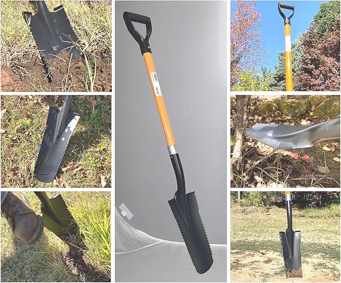 Ashman Drain Spade Teeth Shovel (2 Pack) - 48 Inches Long Handle Spade with D Handle Grip - Durable Handle with a Thick Metal Blade - Multipurpose Premium Quality Orange