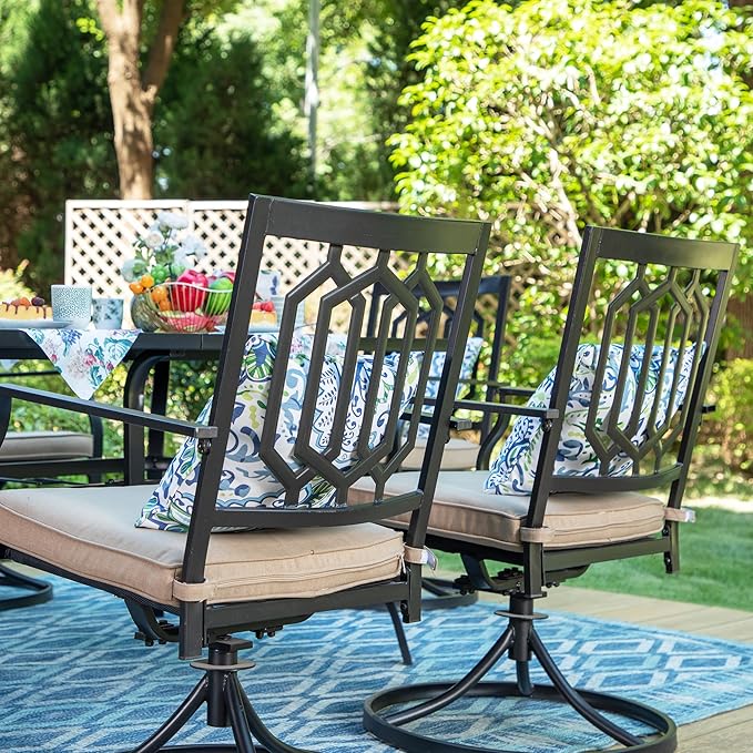 PHI VILLA 5-Piece Outdoor Dining Set, 4 Steel Metal Swivel Patio Chairs & 1 Square Dining Table, Paperclip Pattern Back, Classic Black