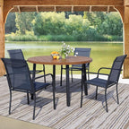 5 Pieces Round Dining Table Set for 4, Patio Dining Set Includes 4 Dark Blue Stackable Patio Chairs and 1 Walnut Round Table, Patio Furniture Sets with Sling Support for Outside, Garden