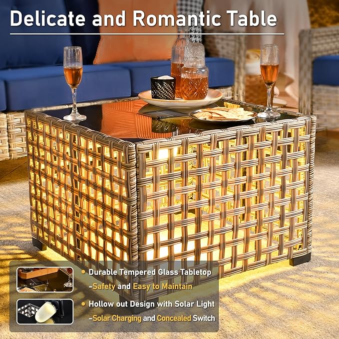 HOOOWOOO Outdoor Sectional Furniture Set,8 Pieces Wicker Patio Conversation Sets,L Shape All Weather Outside Couch Sofa Set with Swivel Chairs Solar Light Table Ottoman,Charcoal Gray