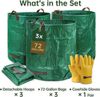 3-Pack 72 Gallon Self-Standing Yard Waste Bags with Cowhide Gloves — Heavy-Duty 150 GSM Woven PE, Double-Layer Reinforced Bottom, Four Handles, Reusable Leaf Bags for Lawn & Garden