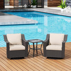 3 Pieces Patio Conversation Furniture Set - 2 Swivel Chairs, 1 Side Table, Outdoor Wicker Rocking Glider Armchairs with Washable Cushions for Porch, Balcony, Sunroom (Beige)