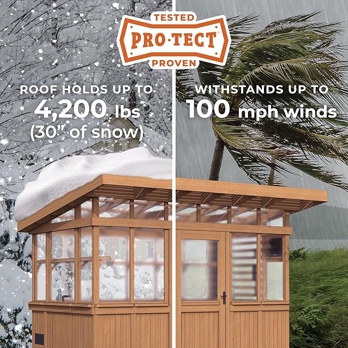 Backyard Discovery Poppy 11' x 7' Cedar Wood and Polycarbonate Walk-In Greenhouse Kit with Exhaust Fan, Windows, Hose Hook-Ups, PowerPort, Staging Shelves, Plant Hooks for Year-Round Outdoor Gardening