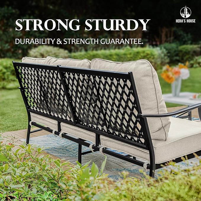 HERA'S HOUSE 4 Piece Patio Furniture Set, 2 x Metal Frame Cushioned Chair, 3-Seat Sofa with Marbling Coffee Table, All Weahter Outdoor Conversation Set for Lawn Garden Backyard