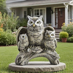 Resin Owl Statue with Spread Wings - Outdoor Garden, Patio, Office Decor Figurine: Family Parent & Two Baby Owls on Base (Grey-Black)