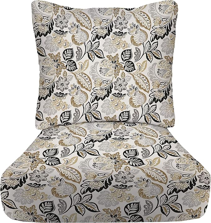 RSH DECOR Deep Seating Cushion with Pillow Back | 25” x 25.5” Seat | Water and Fade-Resistant Spun Fabric | Outdoor Chair Cushion Set for Patio Furniture | Bailey Pewter Black Floral