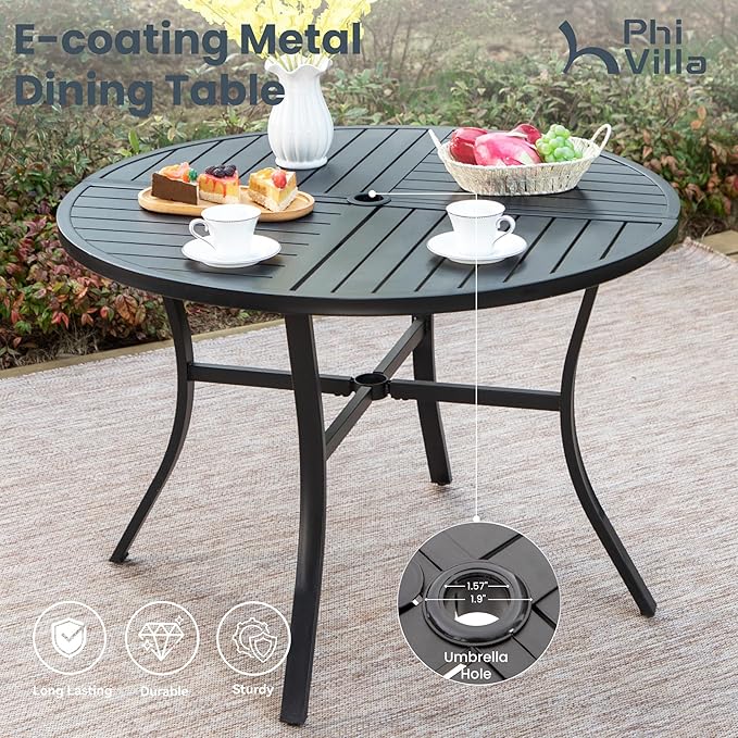 PHI VILLA Outdoor Patio Dining Set 5 Piece with 4 Padded Swivel Dining Chairs & 1 Large Round Dining Table, Textilene Mesh Fabric Chair and 42" Metal Table for All Weather