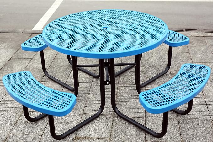 8-Person Picnic Tables for Outdoors, Industrial 46" Expanded Metal Round Picnic Table with 4 Benches & Umbrella Hole, Outside Table and Bench Set for Park, Garden, Backyard, Patio, Blue