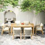 7-Piece Outdoor Dining Set for 6 with 23" Extra Wide Chair and Cushion，Patio Table and Chairs Set with All Acacia Wood Frame, All-Weather PE Rattan Outdoor Patio Furniture Set for Lawn Garden, Beige