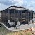 PURPLE LEAF 12' X 16' Solarium Sunroom Permanent Hardtop Gazebo Galvanized Steel Double Roof Aluminum Outdoor Screen House for Lawn Deck Backyard Grey