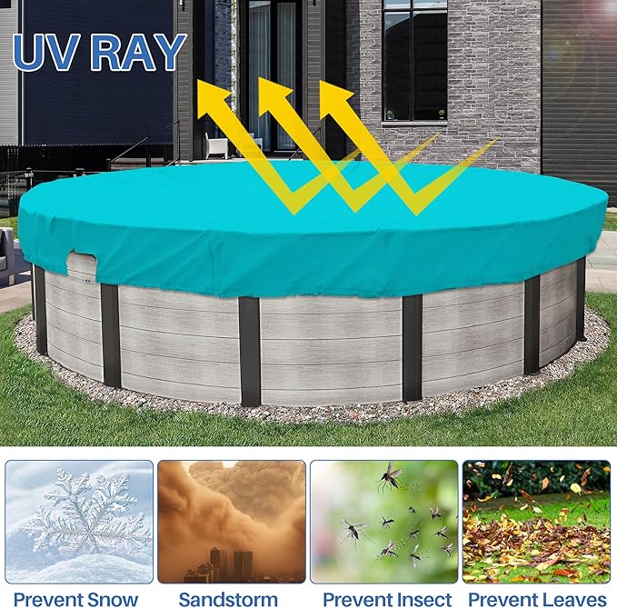 ECOOPTS 9 ft Waterproof Round Polyester Pool Cover for Above Ground Pools, Swimming Pool Cover Protector Winter Safety Cover (Turquoise)