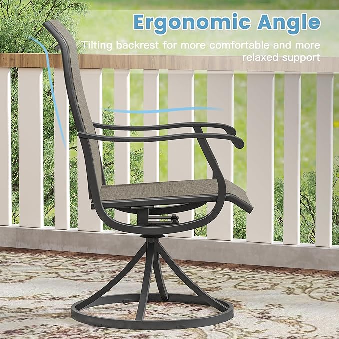 DIFY 3 Pieces Outdoor Patio Dining Set for 2, 27.6" Small Walnut Square Metal Dining Table and 2 Brown Textilene Swivel Dining Chairs, Outdoor Table and Chairs