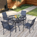 5 Pieces Round Dining Table Set for 4, Patio Dining Set Includes 4 Dark Blue Stackable Patio Chairs and 1 Black Mesh Round Table, Patio Furniture Sets with Sling Support for Outside, Garden