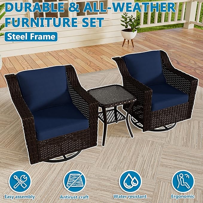 Vista Vibe 3 Pieces Outdoor Patio Conversation Furniture Set - 360 Degree Swivel Glider Rocker Chairs | Wicker End Table, Washable Cushions, Hand-Woven PE Rattan, Lawn, Sunroom (Brown/Navy)