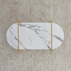 Oval Coffee Table, Mid-Century Modern Design, L41 x W21 x H17 inch, for Living Room, Clear Glass Top, White Marble Finish Wood Shelf & Gold Finish Frame