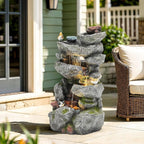 31.5" H Multi-Tier Rock Outdoor Water Fountain with LED Lights and Pump, Garden Fountain Waterfall for Patio, Porch, or Yard