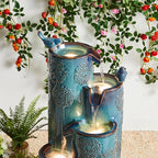 Glitzhome 31.75" H Outdoor Water Fountain with LED Lights and Pump, 4 Tier Dandelion Texture Vase Shaped Ceramic Floor Standing Fountain with Birds for Porch Deck Garden Patio Backyard, Turquoise