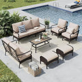 MFSTUDIO 7 PCS Outdoor Patio Furniture Set, Metal Outdoor Conversation Set, Rattan Wicker Patio Sectional with 2 x Rocking Single Sofa, 2 and 3-Seat Sofa, 2 x Ottoman, 1 x Coffee Table, Beige
