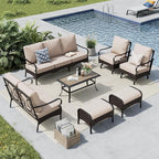 MFSTUDIO 7 PCS Outdoor Patio Furniture Set, Metal Outdoor Conversation Set, Rattan Wicker Patio Sectional with 2 x Rocking Single Sofa, 2 and 3-Seat Sofa, 2 x Ottoman, 1 x Coffee Table, Beige