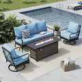 MFSTUDIO 4 Pieces Outdoor Patio Furniture Set, Metal Outdoor Conversation Set, Rattan Wicker Patio Sectional Set with 2 x Swivel Single Sofa, 3-Seat Sofa, 1 x Fire Pit Table, Blue