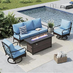 MFSTUDIO 4 Pieces Outdoor Patio Furniture Set, Metal Outdoor Conversation Set, Rattan Wicker Patio Sectional Set with 2 x Swivel Single Sofa, 3-Seat Sofa, 1 x Fire Pit Table, Blue