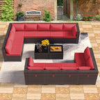 Outdoor Patio Furniture Set, 14 Pieces Outdoor Furniture All Weather Patio Sectional Sofa PE Wicker Modular Conversation Sets with Coffee Table,12 Chairs & Seat Clips(Red)