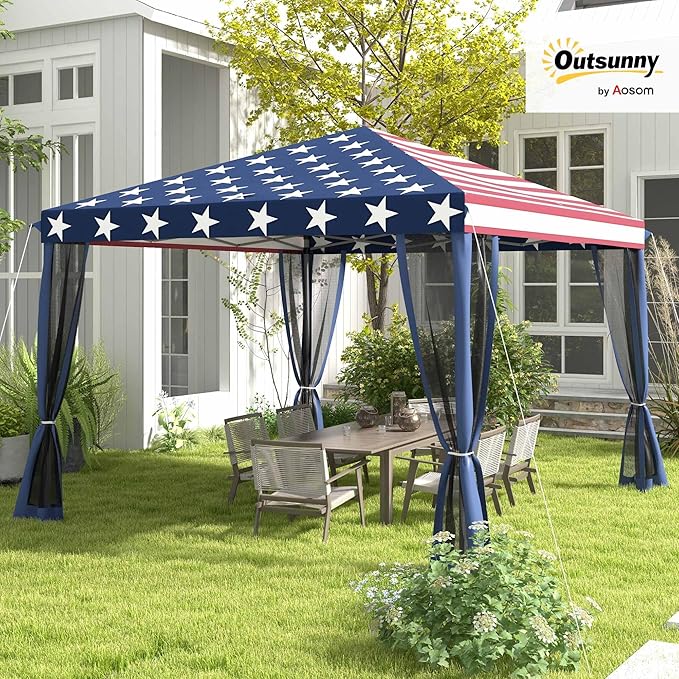 Outsunny 10' x 10' Pop Up Canopy Tent with Netting, Instant Gazebo, Screen House Room with Carry Bag, Height Adjustable, for Outdoor, Garden, Patio, Camping, Blue and Red