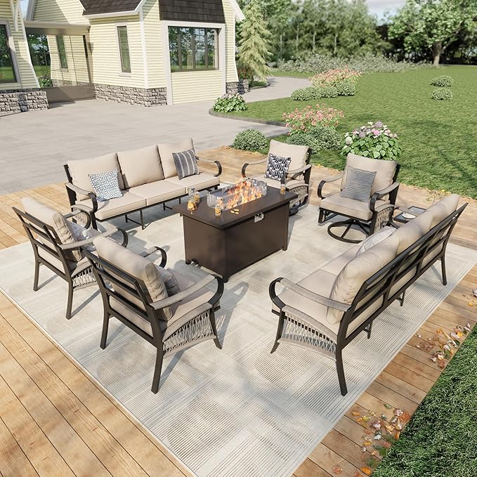 8 Pieces Outdoor Patio Conversation Sets with All Weather Cushions, Metal 2 Three-Seater, 2 Swivel Rockers, 2 Single Chairs, 1 Side Tables, 1 Fire Pit Table for Backyard Deck Porch Poolside, Beige