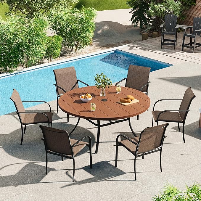 VICLLAX 50" Outdoor Round Patio Dining Table for 4-6, All Weather Metal Dining Table with Umbrella Hole for Deck Lawn Garden Backyard, Walnut