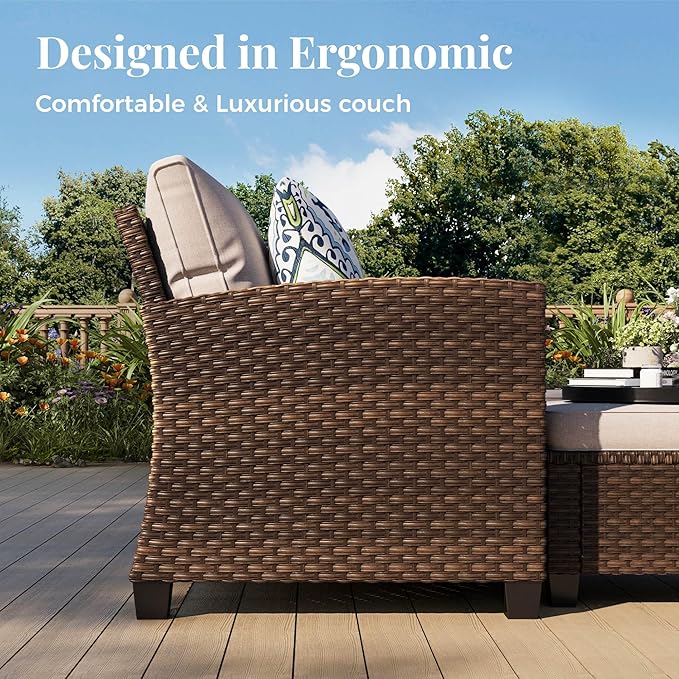 Patio Furniture Set, 8 Pcs Wicker Rattan Outdoor Conversation Set, 4 x Leg Chairs, 1 x 3 Seater Sofa and 2 x Ottomans with 4" Thick Cushion and 32" Fire Pit Table, Beige