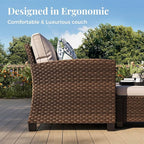 Patio Furniture Set, 8 Pcs Wicker Rattan Outdoor Conversation Set, 4 x Leg Chairs, 1 x 3 Seater Sofa and 2 x Ottomans with 4" Thick Cushion and 32" Fire Pit Table, Beige