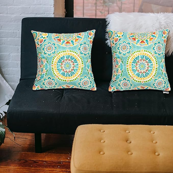 FUNHOME Outdoor Pillow Covers ONLY, No Insert! Pack of 2 Square Throw Pillow Covers, Decorative Water-Repellent Modern Cushion Cases for Sofa Patio Couch Decoration 18 x 18 Inch-Cyan Circle