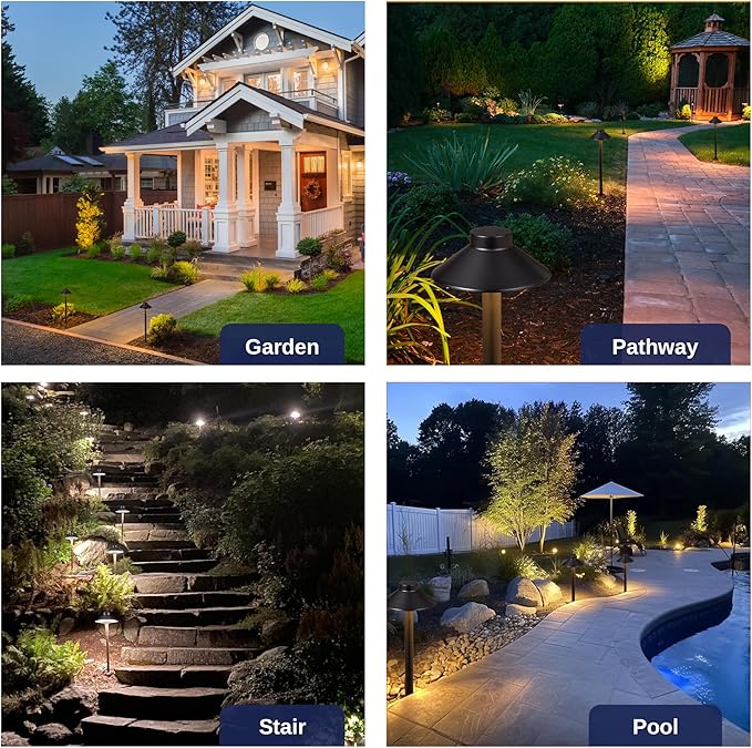 Gardenreet Solid Cast Brass Pathway Lights, 12v Landscape Path Light Outdoor Waterproof, Electric Walkway Lights Wired, Hat Shape Black Garden Area with 3W 270LM 5000K Daylight G4 Bulb (6 Pack)