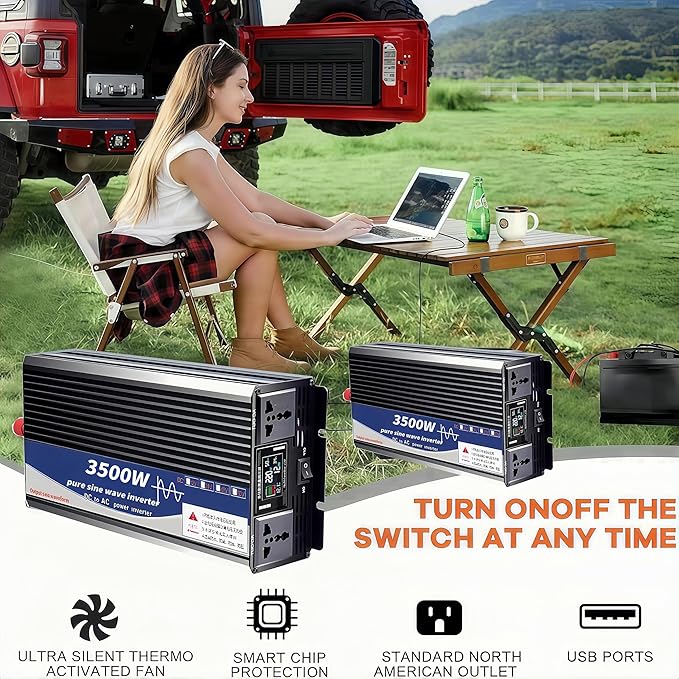 3500 Watt Power Inverter 12V DC to 220V AC Converter, RV Inverter, LED Display with 2 AC Outlets Dual Fans Radiating, for RV, Camp and Home, Electric Tool Pure Sine Wave Inverter (220V, 3500W 12V)