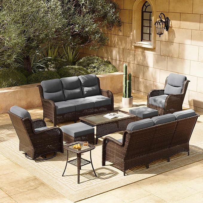 HILLGA Luxury Patio Furniture Set with 6-inch Thick Cushion, Outdoor Couch and High Back Swivel Rocker Patio Chairs, 8PCS Wicker Conversation Set for Deck Yard and Poolside, Dark Grey (V2)
