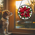 Stained Glass Window Hanging - Red Poinsettia Birth Flower Suncatcher for Door Garden Yard Sun Catchers Decor Christmas Mother's Day Birthday Gifts for Women Mom Nana Friend Men 11.8 in