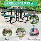 8-Person Picnic Tables for Outdoors, Industrial 46" Expanded Metal Round Picnic Table with 4 Benches & Umbrella Hole, Outside Table and Bench Set for Park, Garden, Backyard, Patio, Green