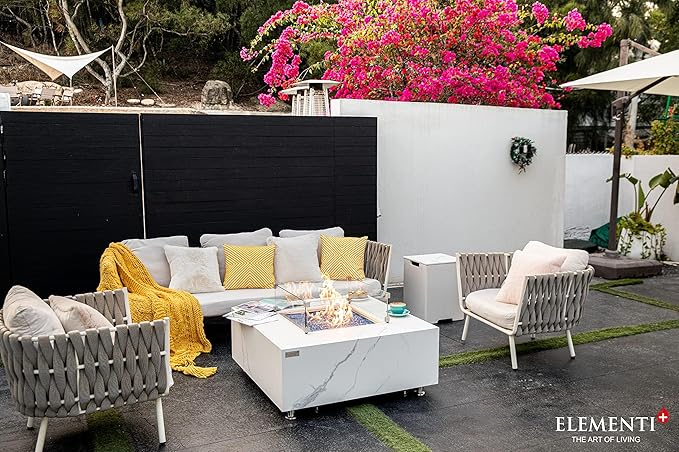 Elementi+ | Bianco Gas Fire Pit | Marble Porcelain & Metal Frame | 40" Square Fire Table | Electronic Ignition | Canvas Cover, Fire Glass & Burner Lid Included | White | Propane Gas