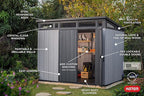 Keter Artisan 9x7 Foot Large Outdoor Shed with Floor with Modern Design for Patio Furniture, Lawn Mower, Tools, and Bike Storage, feet, Grey/Black