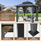 8.5' x 8.5' Hardtop Gazebo, Galvanized Steel Double Roof Gazebo with Nettings and Curtain Outdoor Aluminum Frame Vertical Stripes Roof Gazebos for Patio, Backyard, Lawn