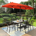 PHI VILLA 8 Piece Patio Dining Set with 13ft Double-Sided Patio Umbrella,Metal Outdoor Table Furniture Set with 6 Outdoor Stackable Chairs, 1 Rectangle Dining Table and 1 Large Umbrella