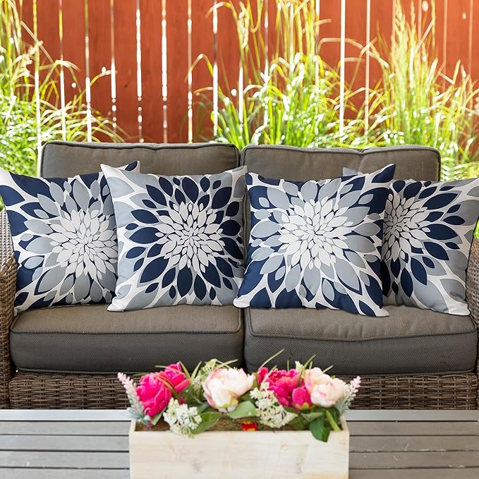 Qahing Pack of 4 Outdoor Waterproof Pillow Covers 20x20 Decorative Outdoor Throw Pillows Garden Square Cushion Cases for Patio Furniture, Couch, Tent Sunbrella, Bench, Navy Blue Grey