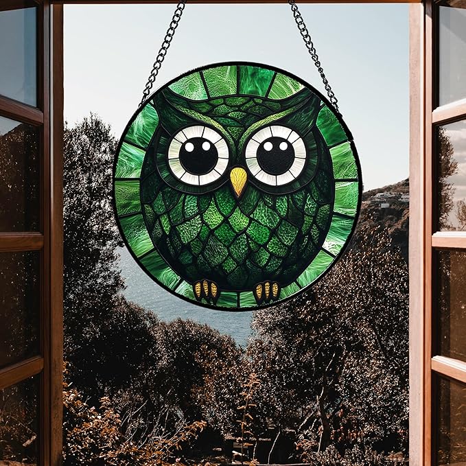 Stained Glass Window Hanging - Green Owl Suncatcher for Doors Garden Patio Funny Bird Sun Catchers Decor Christmas Mother's Day Birthday Teenager Gifts for Women Men Mom Nana Friend 6.3 in