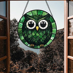 Stained Glass Window Hanging - Green Owl Suncatcher for Doors Garden Patio Funny Bird Sun Catchers Decor Christmas Mother's Day Birthday Teenager Gifts for Women Men Mom Nana Friend 6.3 in