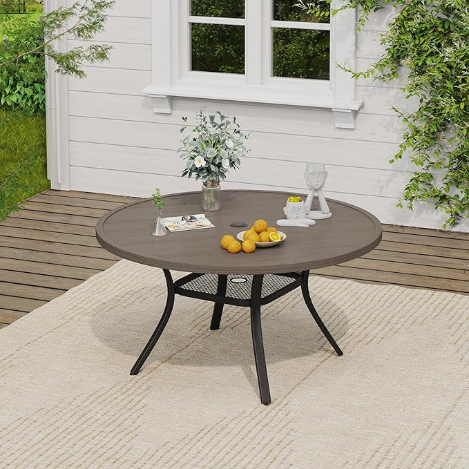 VICLLAX Outdoor Patio Round Dining Table, 47"x 47" Metal Slatted Round Tabletop with Adjustable Umbrella Hole for Deck Lawn Garden Backyard, Antique Grey